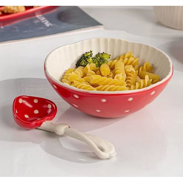 Svamp Salladskål 5.9 Tum - Säker Matt Keramisk Soppskål med Söt Svamp Sked - Perfekt för Nudel, Ris, Pasta och Mer.