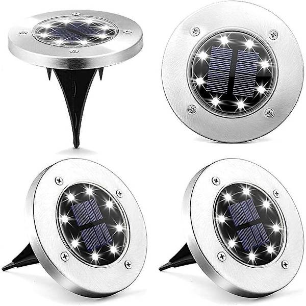 Solcellelamper til jorden, 4 stk., 8 LED-disklighter (hvid)