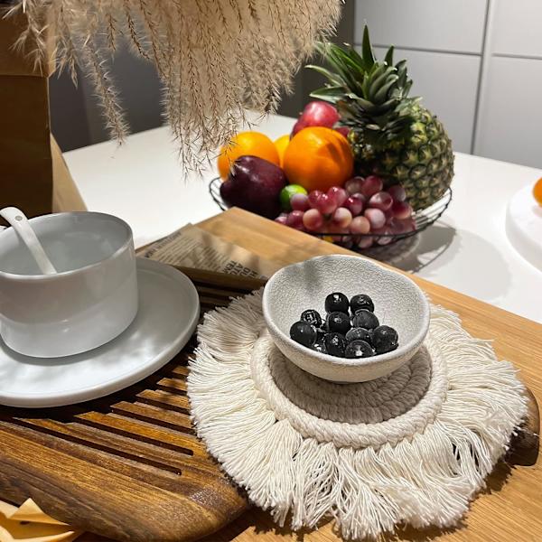 Krus til drinks, absorberende, Boho-krus til træbord, til krus og kopper, søde macrame-krus til indflytningsgave, 2 stk. runde, beige