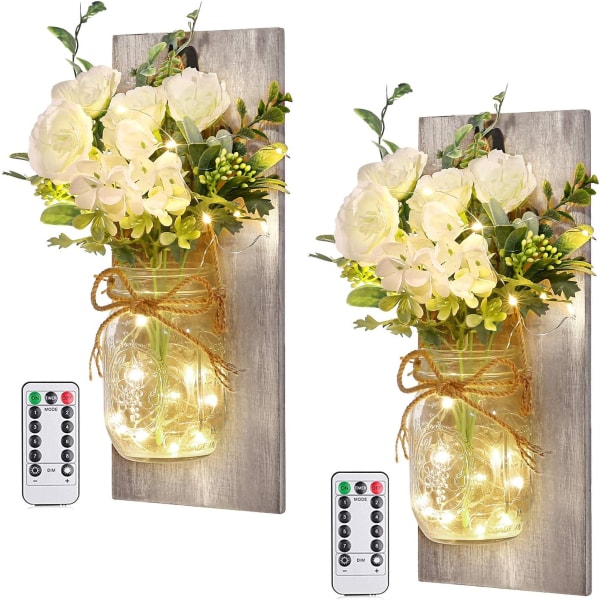 2 stk Vægdekorationslampetter - Vægdesign til boligindretning med fjernbetjening LED Fairy Lights og White Rose White Rose+grey Board 13”x5.2”x0.6”