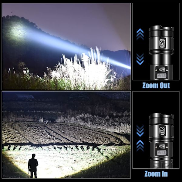 Superkraftfull LED-ficklampa, 3500 lumen uppladdningsbar ficklampa, inbyggt 9000mAh batteri, med LED-digital strömdisplay