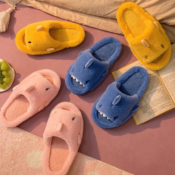 Vinter söta haj öppna tår hemkottofflor kvinnor mjuka plysch golv inomhus par unisex，42-43