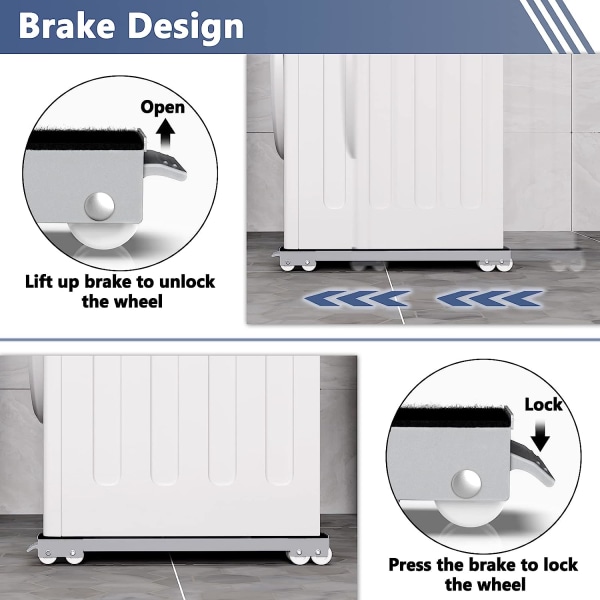 Vaskemaskine base med bremse, justerbar mobil base til vaskemaskine, tørretumbler, køleskab, belastning 300 kg, grå