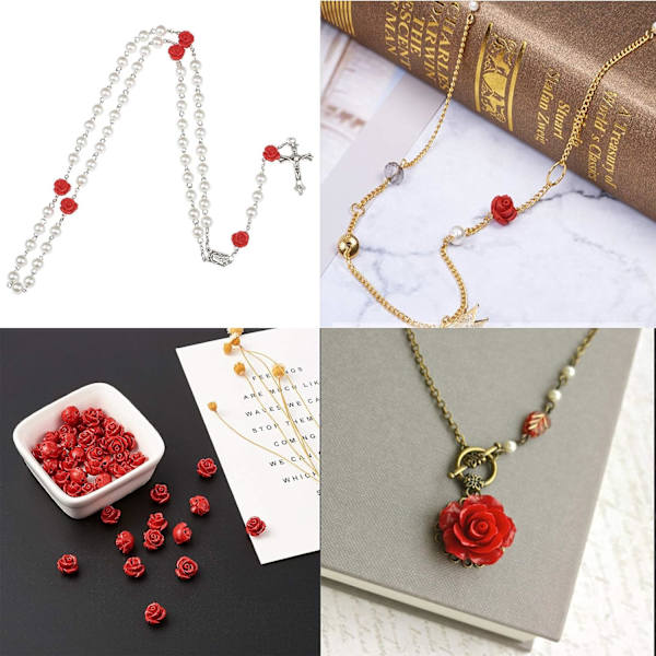 50 stk røde rose cinnoberperler Detaljert utskårne blomsteravstandsperler 12 mm Roseblader Link Charms Perlebroderi til Valentinsdag Smykkefremstilling Dekorasjon