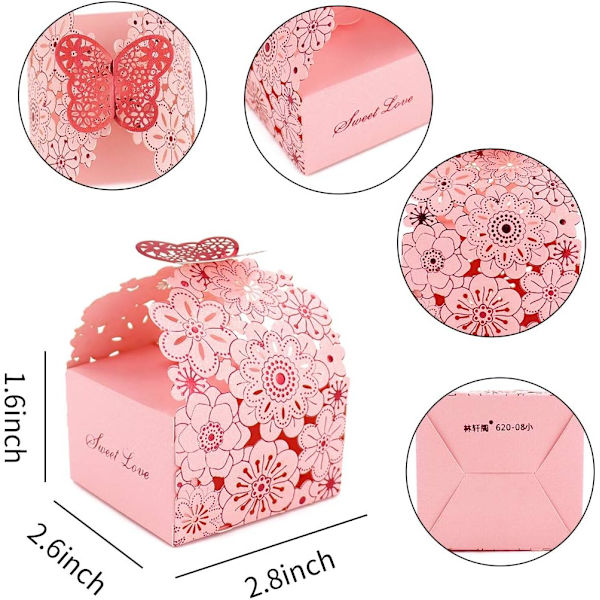 50 stk./sæt Blomster Sommerfugl Hule Slikæske Cookie Gaveæsker Romantiske Bryllupsgaver Søde Chokoladeæske Festartikler Pink 8*7*6.5CM