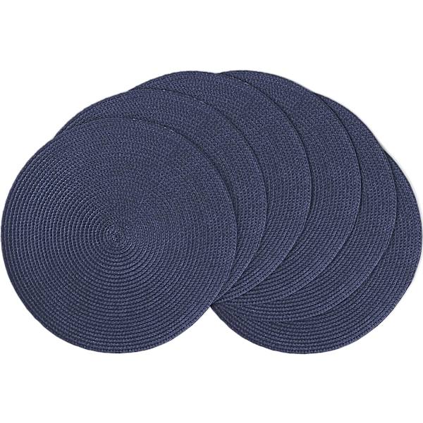 Runda placemats set om 6, 38 cm diameter, vävda värmebeständiga tvättbara bordsmattor för hem kök, matbord, utomhus, fest, marinblå