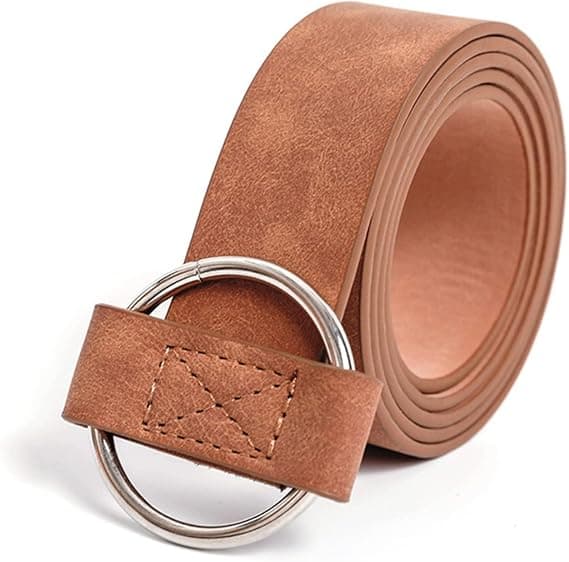 Midjebälten för kvinnor utan hål/stift PU-läder rund ring spänne, enkel cirkulär spännedesign, flexibel längdanpassning, brun Brown