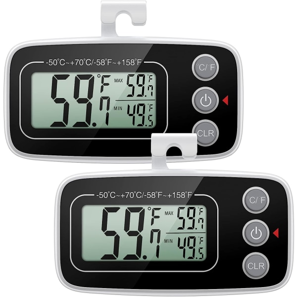 2-pack kyltermometer, digital frys-/kyltermometer med krok - Lättläst LCD-skärm, max/min funktion (svart)