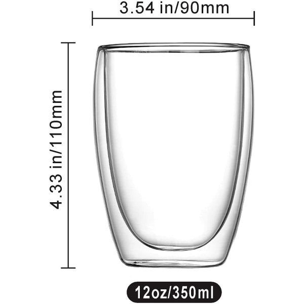 Dobbeltvæggede isolerede glas krus (sæt med 2), kaffekrus, tekopper, drikkeglas til kolde eller varme drikke (350 ml)