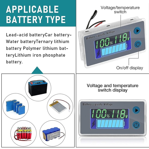 Multifunktionsvoltmätare 10-100V LCD batterikapacitetsmonitor Temperaturdisplay (12V)