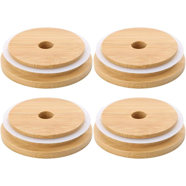 4-pack 86 mm breda bambulock med halm hål återanvändbara bambulock läckagesäkra glasburkar för konservering och förvaring