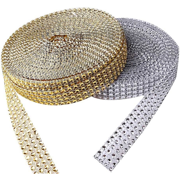 Akryl Rhinestone Diamantband, 2 Rullar Rhinestone Band 4 Rader 10 Yard/Rulle Diamant Glittrande Nätband （Guld och Silver）