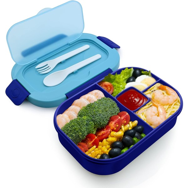 Bento Lunchbox Lunchbox för vuxna barn, 4-fack för män och kvinnor Lunchbox med bestick, blå