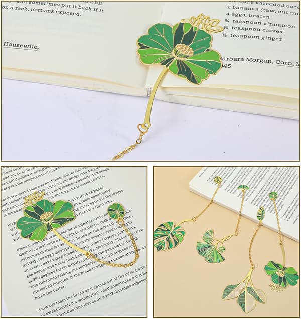 4 stk. metalbogmærker, lotusblad blomsterbogmærker med kæde, søde monstera-bogmærker til kvinder bogelskere
