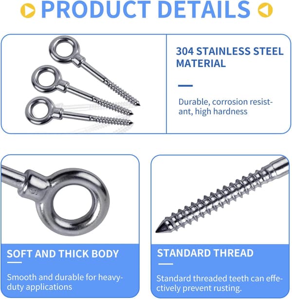 12 x Øjebolt med trægevind, M6 x 60mm Bolt Ring Øjebolt Øjemøtrik 304 Rustfrit stål, Øjeboltskrog Krog Skrue