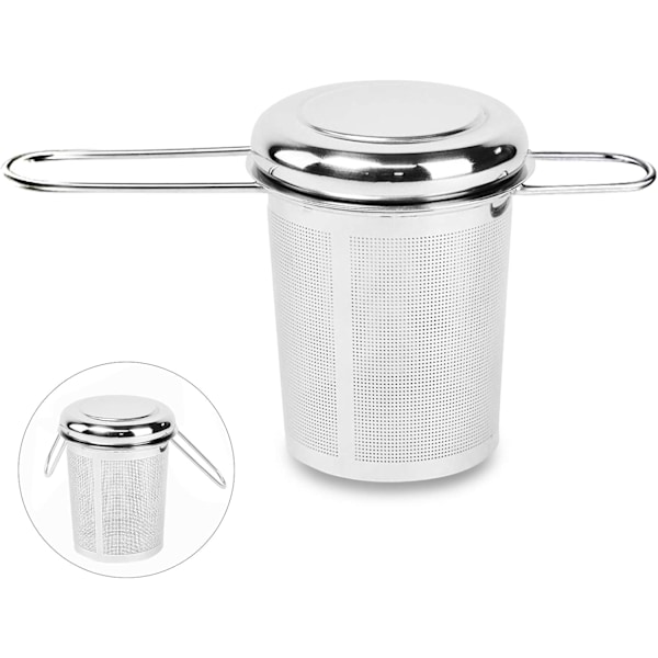 Te-sil i rustfritt stål med finmasket filter, med sammenleggbart håndtak og lokk, for løsvekt te og kaffe