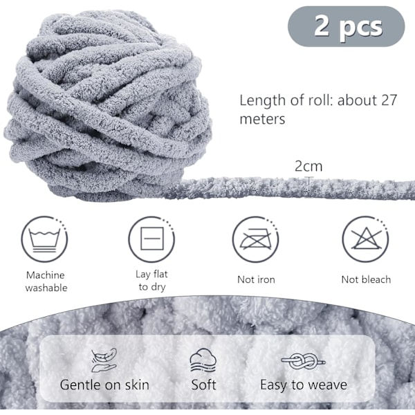 500g (250gx2) Chunky Garnboll ca 54m Chenille Chunky Pälsgarn Mjuk Ull Chunky Garn Mjuk Stickgarn för Virkade Filtar Halsdukar Hattar grey