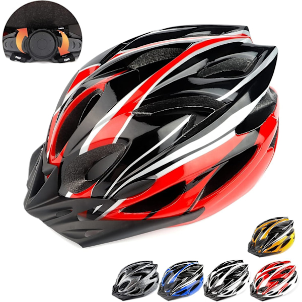 Sykkelhjelm, Justerbare Hjelmer for Terreng- og Landeveissykkel, 18 Ventiler med Justerbar Stropp & Avtakbart Visir (Hodeomkrets 57-62cm) Red black