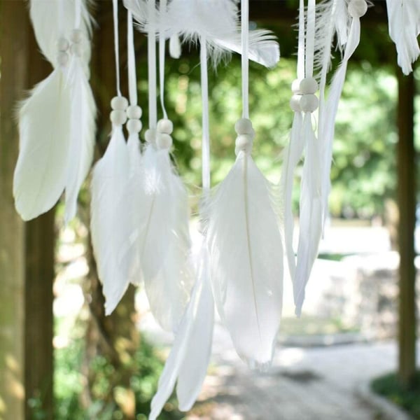 Stor boho drömfångare vit fjäder spets vägghängande vintage bröllop heminredning 35cm rund 110cm lång