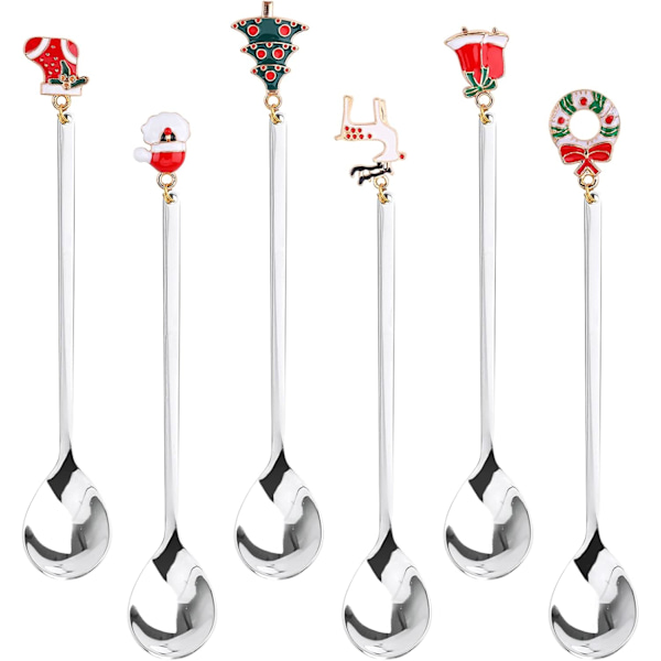 Julkaffeskedar, 6 st Juldessert- och Teskedar med Julhängsmycken Julgran Elkhatt Klockor för Dessert Te Soppa Present (Silver)