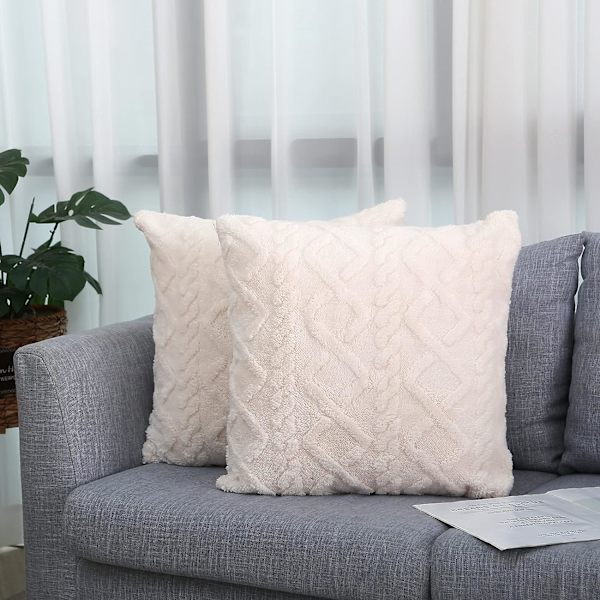 Pakke med 2 bløde plys beige pudebetræk 45x45cm firkantede pudebetræk med kort fluffy kunstig uld pudebetræk til sofa soveværelse stue