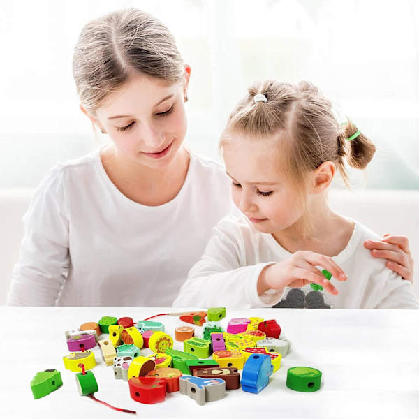 42-pack trädjur frukt grönsak pärlor set Montessori småbarn förskola aktivitet bälte leksaker för småbarn 3-6 år gamla pojkar flickor