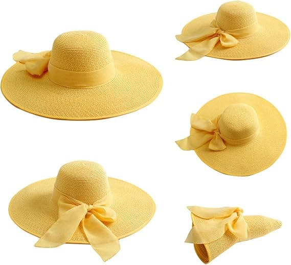 Damstor hatt med stor rosett i halm, stor floppy hopfällbar rullbar strandhatt solhatt, gul