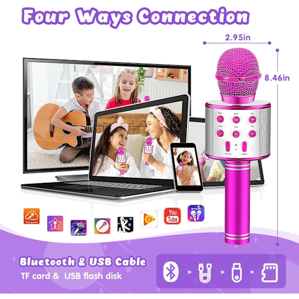 Trådløs Bluetooth-mikrofon for barn, karaoke-mikrofon for Android/iPhone/iPad/Sony/PC - Beste gaver for 4-12 år gamle jenter/gutter (rosa)