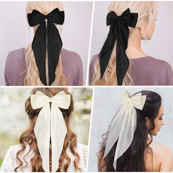 2 st stora rosetter hårklämma mjuk silkeslen satin hårklämma lång svans franska band hårnålar rosett klämmor fest accessoarer, svart+vit