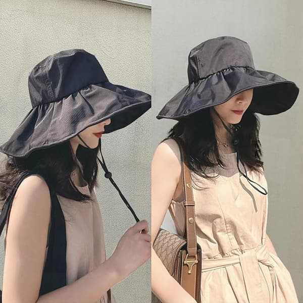Solhatt, solhatt for kvinner og menn, sammenleggbar, bred brem, UV-beskyttelse, regnhatt med hakestropp, strandhatt, solbeskyttelse Black
