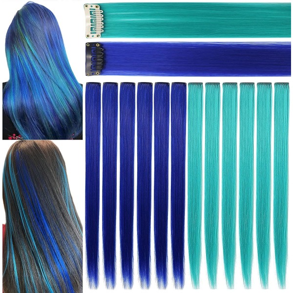12 kpl Princess Party Highlight Blue Teal Hairpieces -väriset hiustenpidennysklipsit amerikkalaisten tyttöjen peruukkiosille lapsille (sininen + sinivihreä)