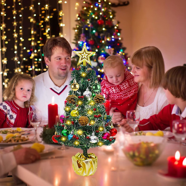 45 cm kunstig juletre, med LED-lys, batteridrevet juletrepynt med gullstjerne fargerike kuler, for å dekorere hjemmet