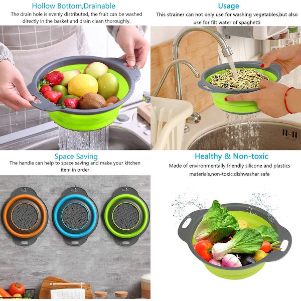 Hopfällbar köksdurkslag / 3 durkslag set, hopfällbart durkslag i silikon, perfekt för pasta, grönsaker, frukt (29x24cm/24.5x20cm)