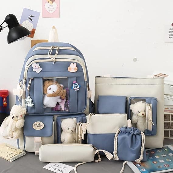 5-pack Canvas Skolväska Set, Kawaii Skolväska för Flickor Student