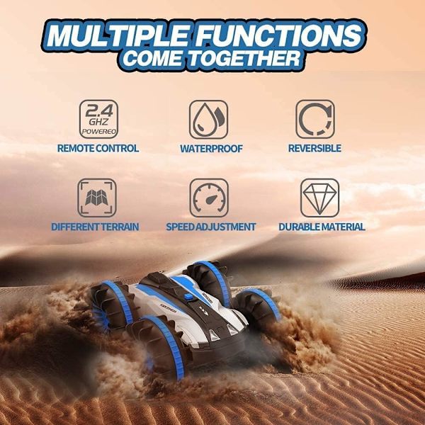 Amfibisk fjernstyret bil til børn, vandtæt 4WD 2.4Ghz stunt RC bilbåd med 360° roterende og vippe RC lastbil, Off Road Rock Crawler, Blå
