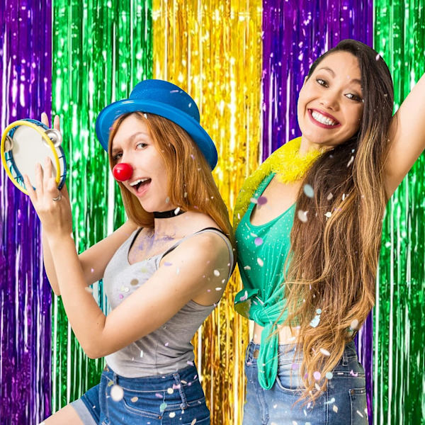 2-pakkaus Mardi Gras -juhlakoristeet, kultaiset, vihreät ja violetit folioreunaiset verhot, 1M*2M