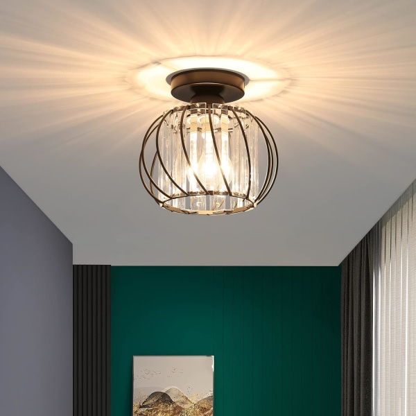 Mini rund halvinfälld E27 taklampa, taklampa i kristall för sovrum Kök Matsal Ingång till korridor (svart)