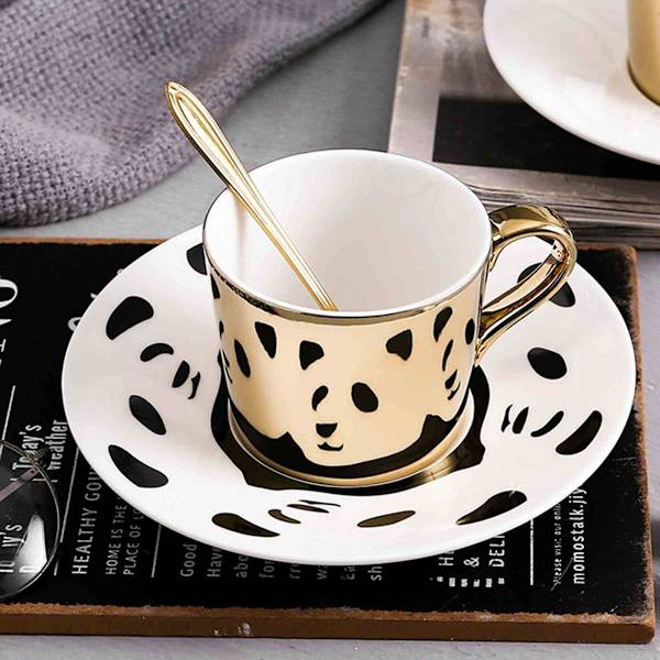 Panda mønster refleksion spejl kaffekop, guld porcelæn kaffekrus, keramisk te kop og underkop, 250ml