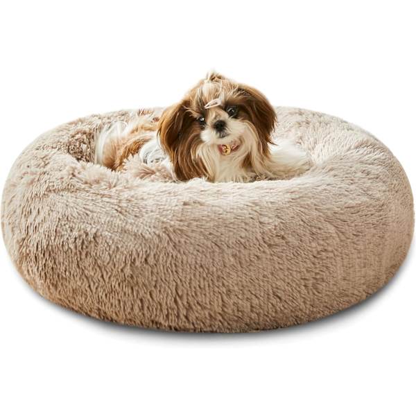 Hundeseng og katteseng, original beroligende hundeseng for små og mellomstore kjæledyr beige 24 x 24 Inch