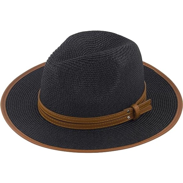 Brittiskt bältelindad jazzstråhatt kvinnlig bred takfot stråhatt Panama hopfällbar hatt sommar strandsolhatt, svart