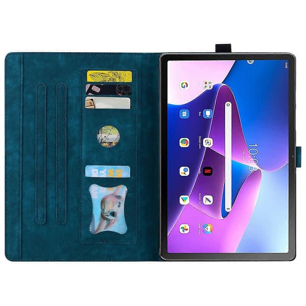 For Lenovo Tab M10 Plus (3. generasjon) Kort Holder Lær Tablet Deksel Imprinted Blomst Katte Stativ Cover