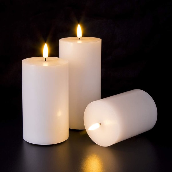 Hvide flade flammefri stearinlys med fjernbetjening, flimrende ægte voks LED-batterilys D 3\" H 4\" 5\" 6\", 3-pak