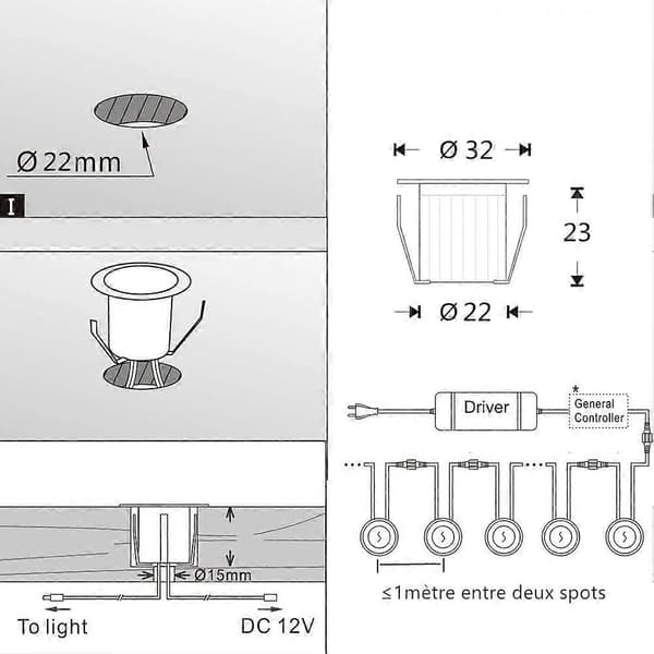 12 st LED Infällda Spotlights, 12V-IP67, 0.6W DC, Varmvit [Energiklass A+]