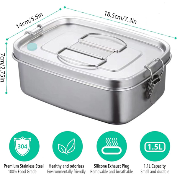 Lækagesikker madkasse, rustfrit stål 1100ML Bento-boks med 2 rum, mad sandwich salat boks opbevaringsbeholder