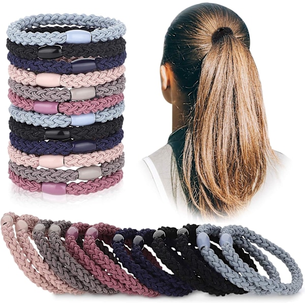 12 stycken elastiska hårband i bomull, flätade hårband, flätade hästsvansaccessoarer för kvinnor (blandade färger) Set 1