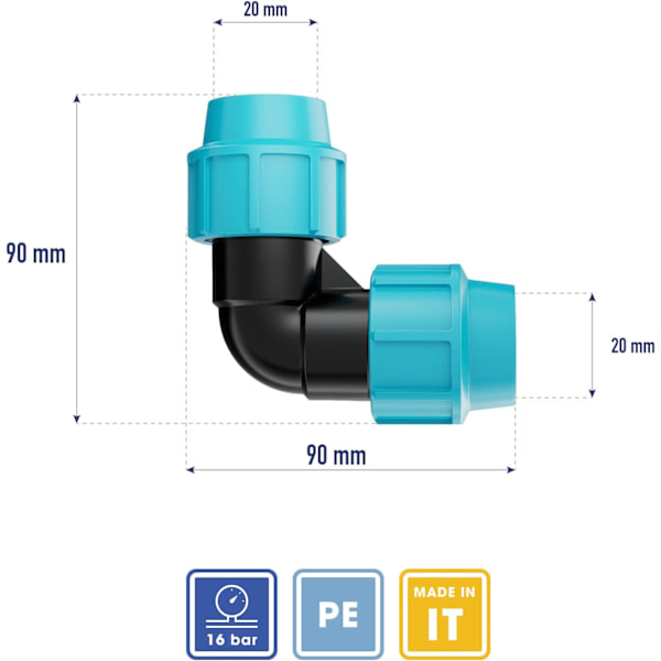 PE-vesi 90 asteen kyynärputki 20 mm muoviset naaraspuoliset puristusliittimet