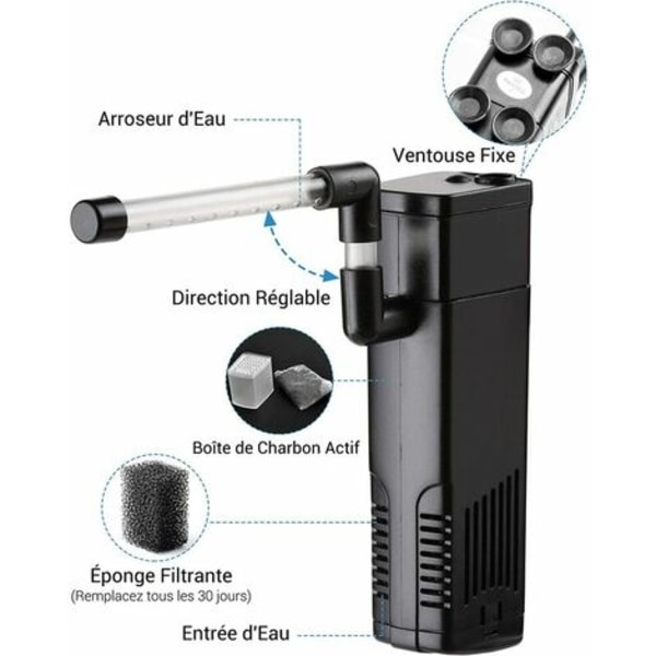 Akvarieintern filter med 3W 350L/H flow vandpumpe, intern filter til ferskvandsakvarier op til 40L