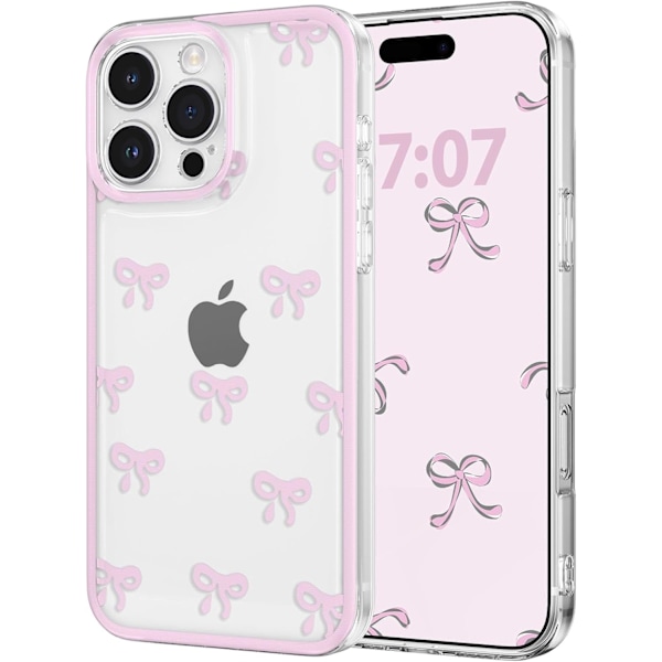 Skal för iPhone 16 Pro, Genomskinligt Sött Band Rosett Mönster Estetiskt Transparent Telefonskal Upphöjt Kameraskydd för Tjejer - Rosa iPhone 16PRO