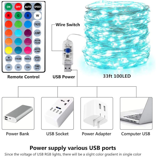 Farvede Fe-lys, 10m 100 LED USB 16 Multicolor Skiftende Fe-lys Indendørs Sølv Fe-lys Fjernbetjening