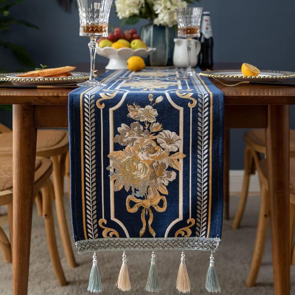 Luksuriøs bordløper med multi-dusker, lang elegant brodert jacquard bordløper kommode skjerf (Blå, 14x55 tommer)